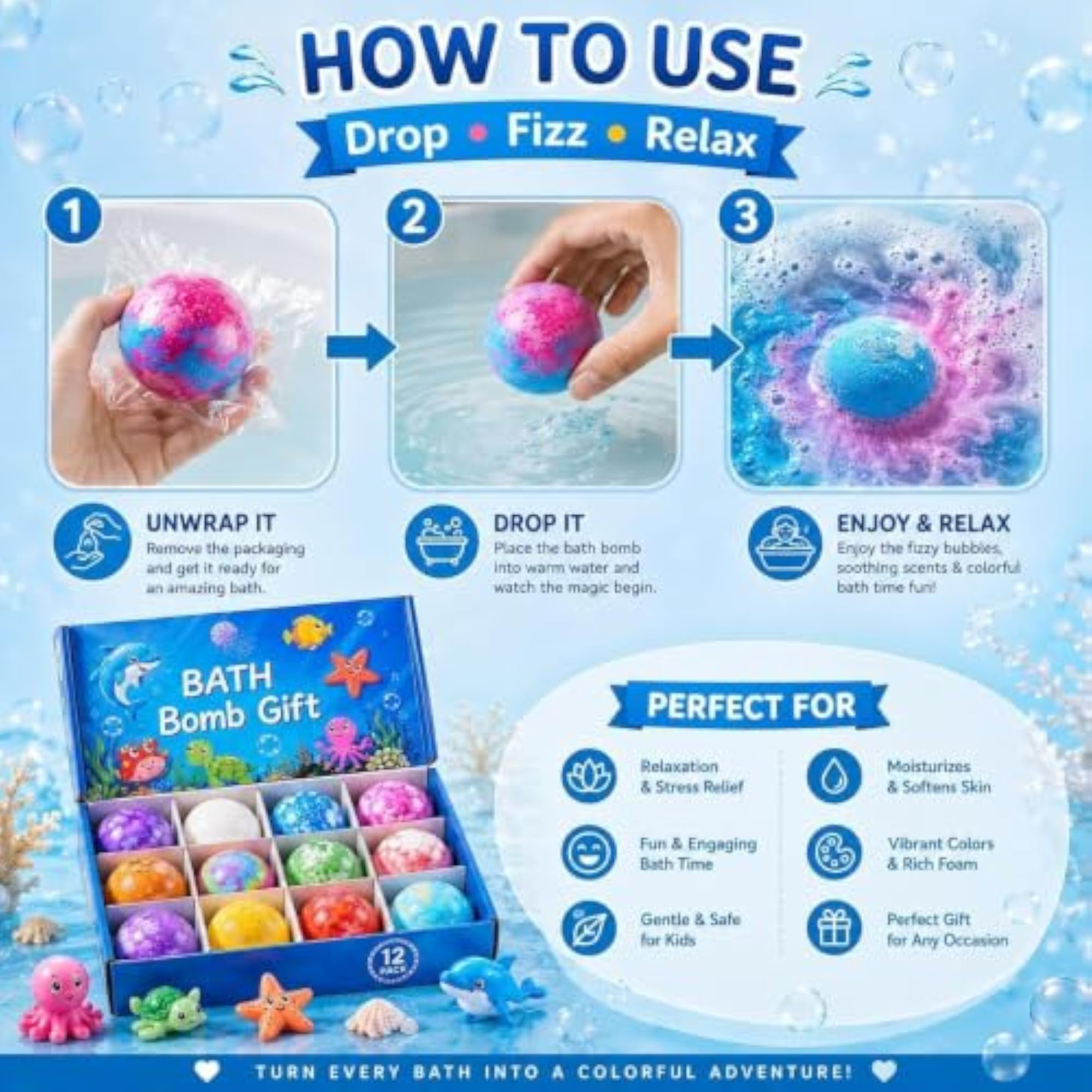 Bath Bombs for Kids Set of 12 with Ocean Animal Toys