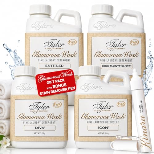 Kinara Tyler Glamorous Wash Liquid Laundry Detergent Gift Pack - Olivi Stain Remover Pen For Washing Clothes Linen Lingerie Expensive Fabric Sheets - Pack of 4-4 fl oz each