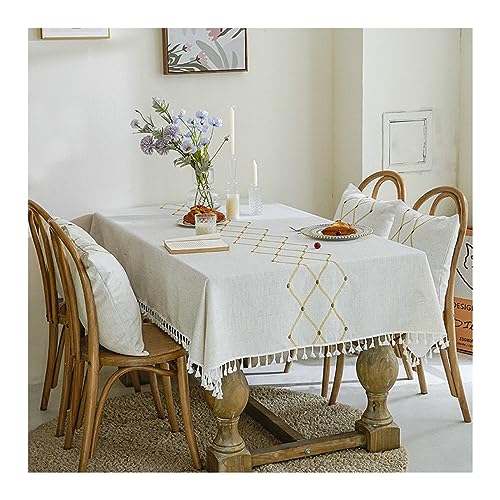 Nappe carrée 140x140cm haute qualité broderie géométrique beige doré chic - 2