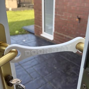 Door Stay French & Patio Door Stopper   Hold Open Door Restraint   Creates Approx. 20cm Controlled Opening Gap   Pet Access & Ventilation Aid   White Standard