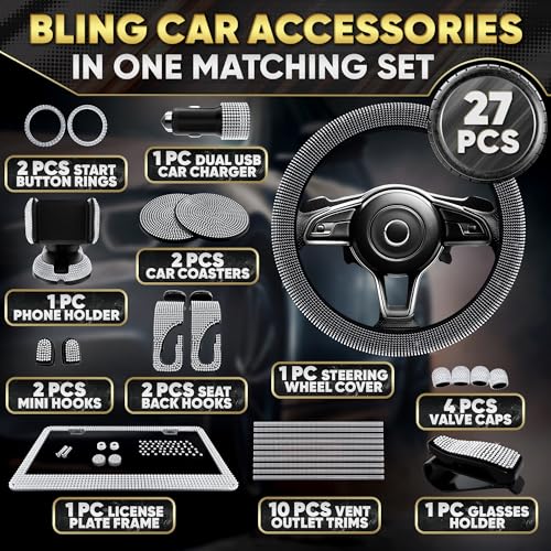 Image of Bling Car Accessories Set 27 Pieces - 14,5-15 inch Silver Steering Wheel Cover, Diamond License Plate Frame, Rhinestone Interior Car Decor, Cup Holders, Hooks, Great Gift for Auto Lovers
