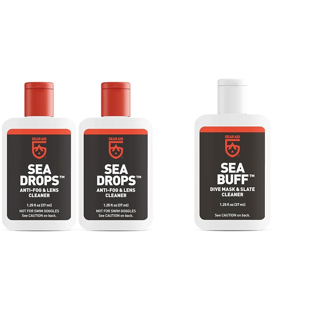 GEAR AIDSea Drops Anti-fog and Cleaner for Dive and Snorkel Masks, 1.25 fl oz, 2-pk, Bulk & Sea Buff Dive Mask and Slate Cleaner, 1.25 fl oz, Clear