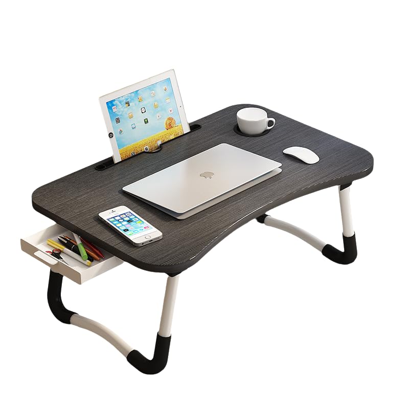 Bandeja para Cama, Mesa Plegable de Desayuno Mesa Ordenador Portátil Multifunción Mesa de Ordenador portátil para Cama y sofá (con Cajon, Negro)
