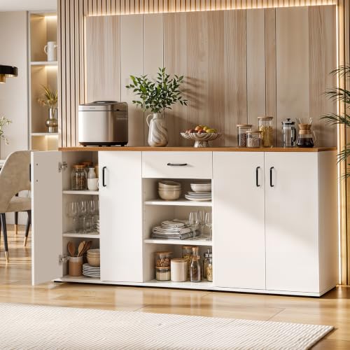 Image of ABOUT SPACE Kitchen Storage Cabinet - 6 ft Long Sideboard with 4 Doors, Drawer & Open Shelves, Adjustable Shelves, Crockery Cabinet & Kitchen Organizer Rack (CM Oak & White Marble- 190x38x91.5 cm)