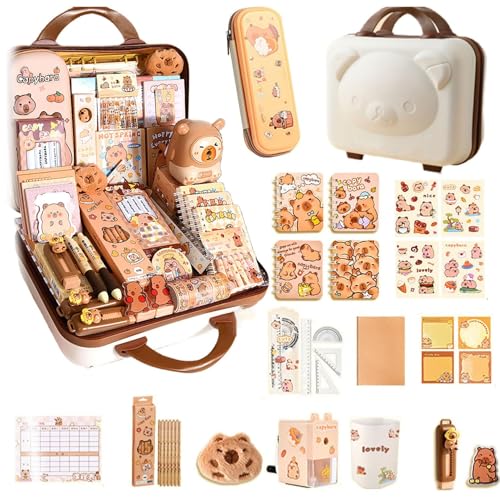 Ensemble papeterie kawaii capybara avec sa trousse à crayons rose grande capacité modèle B