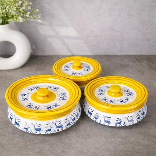 Image of Niyara Blue Deer Design Ceramic Casserole with Yellow Line Border | Multipurpose Serving Bowl with Lid | Microwave Safe (Set of 3, Sizes: 1000ML, 650ML, 550ML)