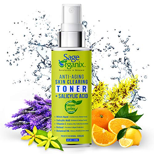 Sage Organix Acne Clearing Witch Hazel Toner, an Advanced Skin Toner with Salicylic Acid to Clear Acne & Breakouts, Calm Skin Redness, Fade Acne Scars & Minimize Pores, + Retinol, VIT C, B3, MSM, 4oz