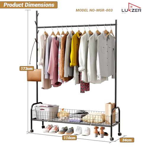 Image of Lukzer | MGR-003 | Black | Metal Garment Rack with Wheels, Single Rod & Mesh Base - Heavy-Duty Freestanding Clothes Stand with Bottom Shelf for Bedroom, Entryway, Laundry & More | 173 x 110 x 35 cm