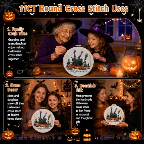 Image of Halloween Stamped Cross Stitch Kits for Adults Beginners with Hoop Frame