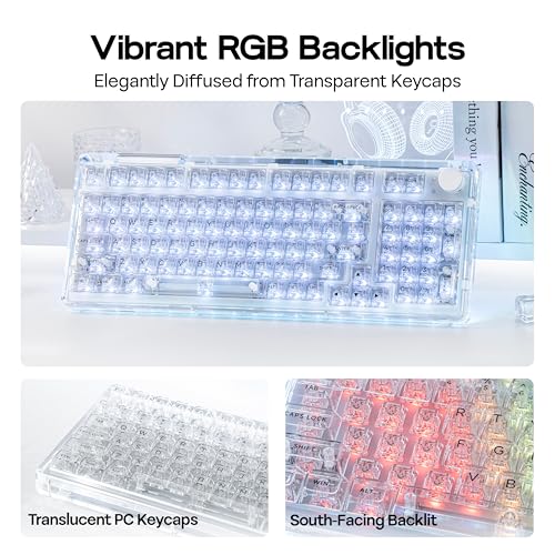 Image of KiiBoom Phantom 98 Crystal Mechanical Gaming Keyboard, Transparent Keyboard with RGB Backlits, Hot-Swappable, Shine Through Clear Keycaps, 3 Modes Wireless, 8000mAh Battery, NKRO for Win /Mac (Clear)