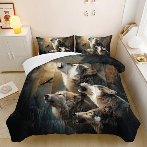 Image of Wolf Comforter Set Full for Kids Boys Girls,Howling Wolves Comforter Set,Eagle and Wolf Night Moon Forest Bedding Set, Wild Animals Quilt Set for Bedroom Decor,All Seasons