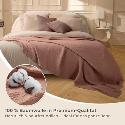 LAYNENBURG Premium Musselin Tagesdecke 180x220 cm - 100% Baumwolle - extraweiche Baumwolldecke als Kuscheldecke, Bett-Überwurf, Sofa-Überwurf, Couch-Überwurf - warme Sofa-Decke (Mokka)