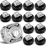 Remuuly 12 Pcs Basketball Champion Rings Basketball Champion Trophy Rings Award Gift Prize with Display Neck Chain and Stand for Basketball Tournament or Champion Winner(Silver)