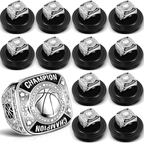 Remuuly 12 Pcs Basketball Champion Rings Basketball Champion Trophy Rings Award Gift Prize with Display Neck Chain and Stand for Basketball Tournament or Champion Winner(Silver)