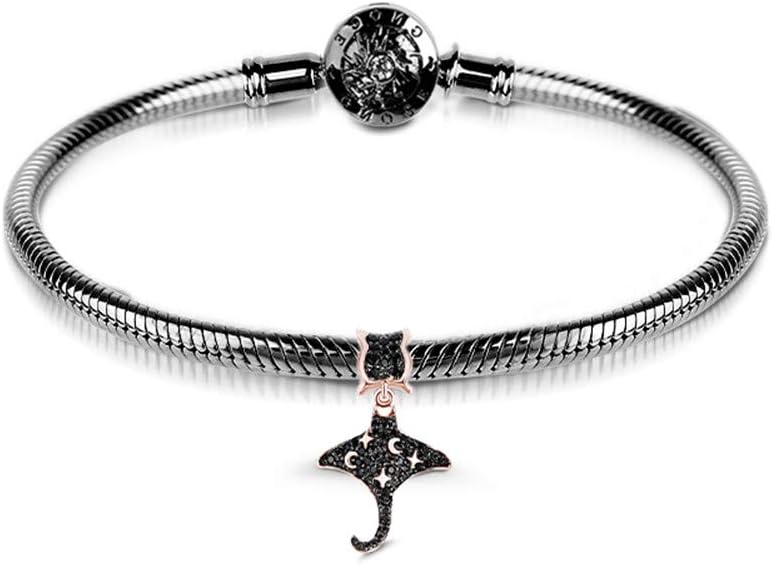 GNOCE Charms Bracelet Sterling Silver Black Plated Snake Chain With Mobula Charm Pendant Mobula Rays Flying Basic Charm Bracelet with Clasp Jewelry Gift for Women Mens