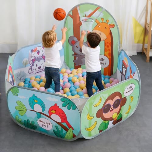 QIJRATEK Casa de Campaña para Niños, Alberca de Pelotas con Aro de Baloncesto, Pop Up Play Casita para Niñas, Tienda de Campaña Portátil y Plegable, Piscina de Bolas Interior y Exterior