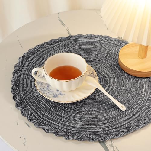 fanquare Modern Grey Placemats Set of 6, 38 cm Round Cotton Woven Stain Heat Resistant Placemats - Image 4