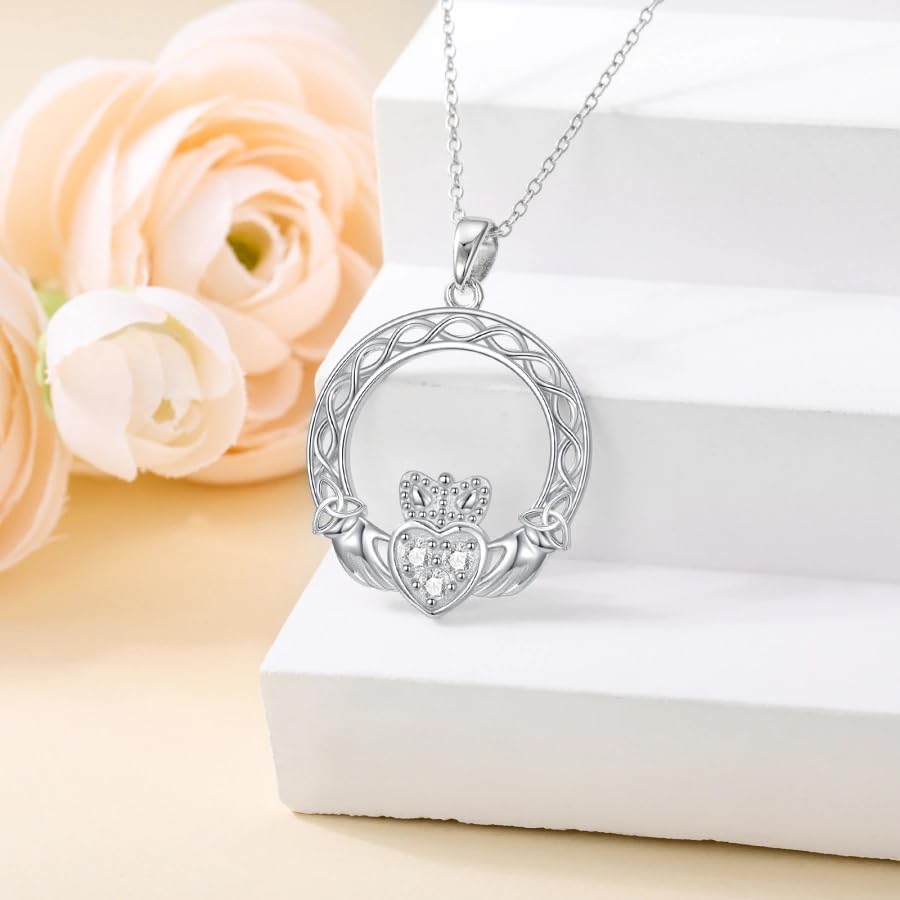 Diamond Claddagh Necklace for Women S925 Sterling Silver Lab Grown Diamond Claddagh Celtic Knot Necklace Handmade Silver Claddagh Pendant Necklace Jewelry Gift for Women Her - Image 4