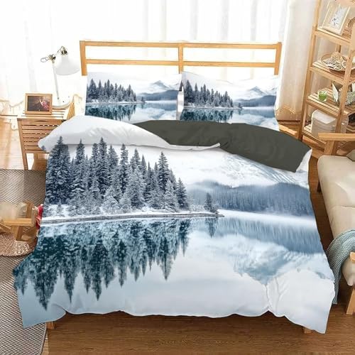 Juego de Funda nórdica con Estampado de Bosque nevado de fácil Cuidado, poliéster, Transpirable, Elegante, Reversible, Juegos de Cama con, Juego de edredón con Estampado de Lago de Invierno, Doble