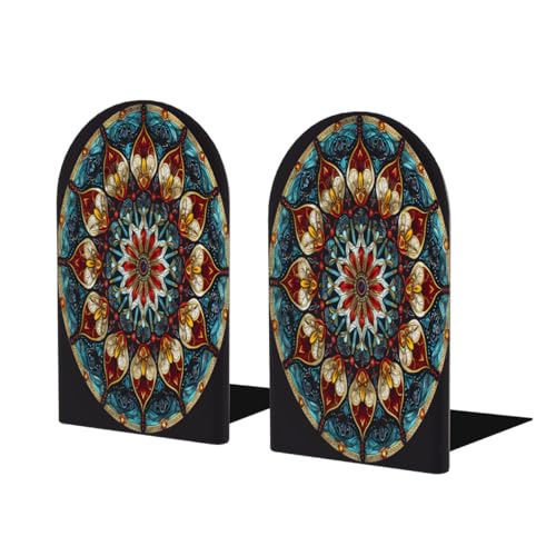 (2 PCS/1 Pairs) Wood Bookends Bohemian Mandala Decorative Wood Bookends for Student School Shelves Kids Room Desk Home Office Book Stoppers for Holiding Books 5x3 Inch-5
