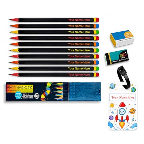 Image of SAVRI Personalized Pencil Set with Name for Kids (10 Pcs) | Customized Name Engraved Pencils with Name Tag, Sharpener & Eraser | Stationery Gift for Boys Girls | Birthday Return Gift for Kids