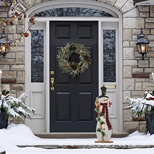 Image of Glitzhome 36 inch H Lighted Wooden Christmas Snowman Porch Sign Standing Snowman with Birdhouse Porch Decor Rustic Merry Christmas Welcome Sign Holiday Party Outdoor Indoor Xmas Decorations