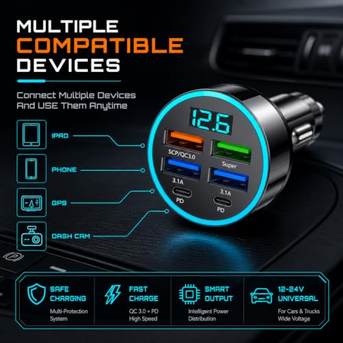 Image of DRIMZ 6 Port Fast Car Charger | 4 USB + 2 Type-C Car Charger Adapter with Digital Voltage Display | 25W Fast Charging Car Mobile Charger for iPhone & All 12V /24V Vehicles