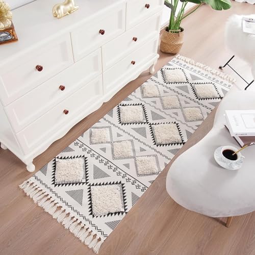 Image of Hand Woven 100% Natural Cotton Export Quality Designer Rug,Carpet, Bed Side Runner for Bedroom,Living Room, Size-2x5 feet or 60 cms x 152 cms (White Black)