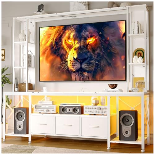 La Mejor Selección de Mesa para Tele los preferidos por los clientes. 49 Mueble para TV,Mueble TV Con Luces LED y Toma de Corriente,200CM Grande Mesa para TVs Con Estante de Almacenamiento,Equipado Con 3 Cajones(Cajones de Tela),Muebles para TVs 65...