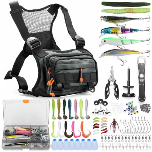 All in One Fishing Chest Pack Tackle Bag with Tackle Box, Fishing Lures Kit