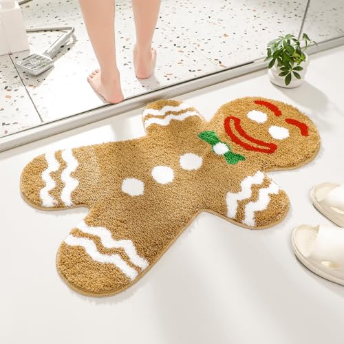 Feblilac Cute Cartoon Gingerbread Man Bath Mat, Funny Bathroom Rug, Soft Absorbent Non Slip Bathroom Floor Mat Machine Washable