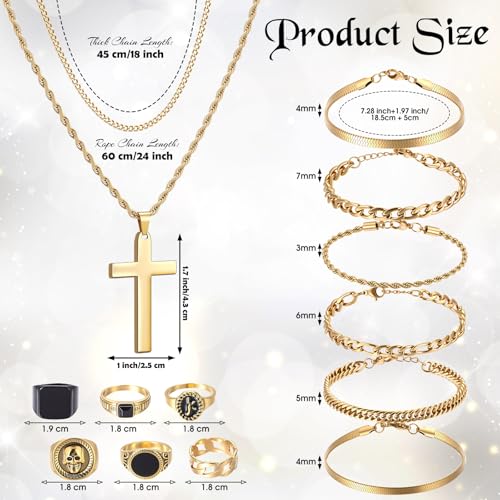 Kigeli 15 Pcs Gold/Silver Jewelry Set for Men Cross Pendant Necklace Cuban Bracelet Vintage Ring Gothic Hip Hop Jewelry Set - Image 3