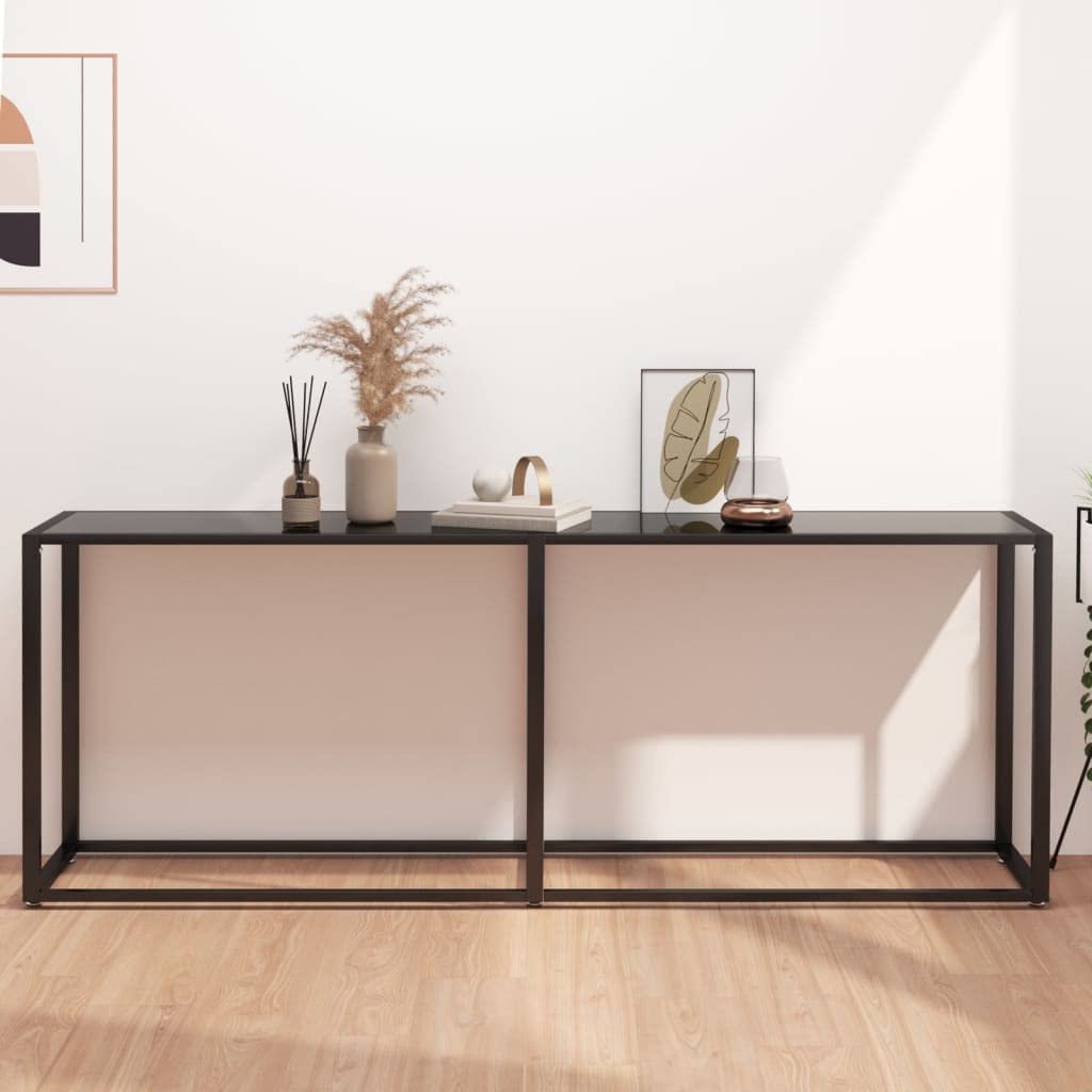 stolik konsolowy, czarny, 200 x 35 x 75,5 cm, szkło hartowane i stal malowana proszkowo, elegancki stolik pomocniczy do salonu, sypialni, nowoczesnych pomieszczeń, stabilny i łatwy do