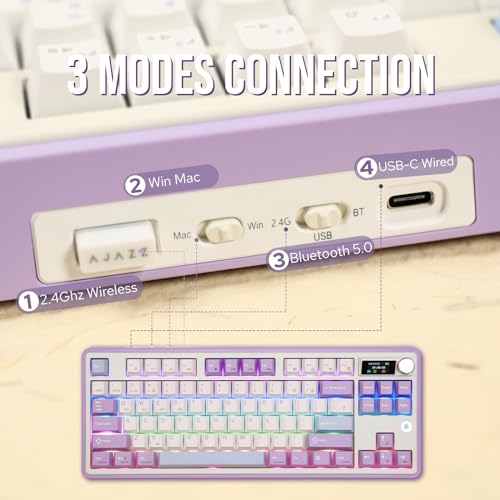Image of MechLands Ajazz AK870 87 Keys Gasket Wireless Gaming Keyboard with Screen & Button, BT5.0 /2.4GHz /USB-C Mechanical Keyboard, with 5-Layer Padding, Flex-Cut PCB, NKRO (Purple, Hyacinth Switch)