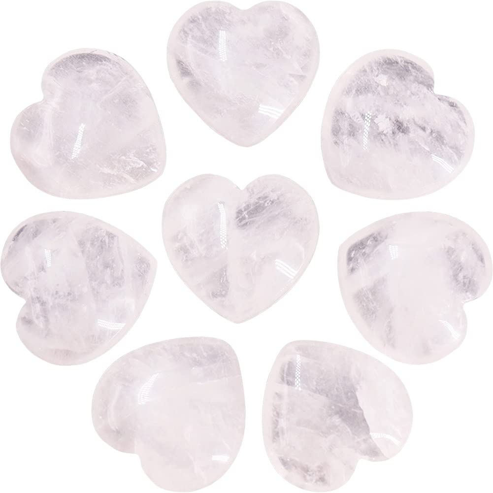 CASMON8 Pcs Natural Clear Quartz Heart Love Stones (1 Inches), Puff Hearts Healing Palm Crystal Set with Gift Box for Chakra Reiki Home Décor