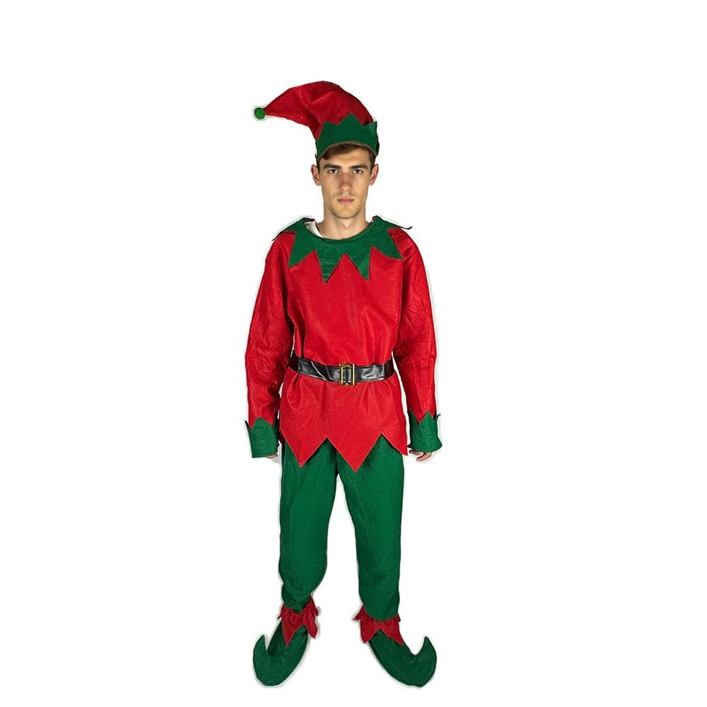 AR BRAND EST. 2021 Christmas Elf Costume for Adults, Complete Holiday Set with Hat, Belt and Shoes, Red and Green Festive Outfit