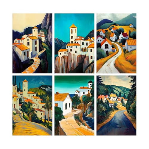 Image of SiddArtify Architectural Wall Art Poster Print Set - Mediterranean Village Landscape Decor for Living Room Office - Set of 2-4x6 Inch - Board (Pack of 6) - Sticker (Pack of 6)
