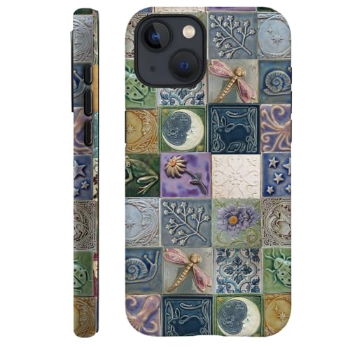 Piodaidy Compatible with iPhone 14,Durable & Shockproof Phone Case Cover Design - Tiles Pattern Moon Dragonfly Flower
