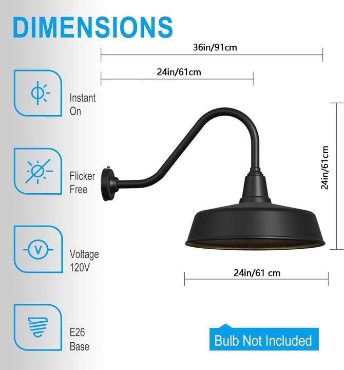 JOESA Extra Large 24 Barn Gooseneck Light, Dusk to Dawn Exterior Light Fixture, Ideal for Installation on Porch, Garage Doorway, Classic Outdoor Barn Light.