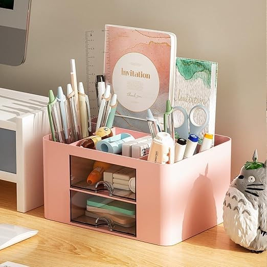 Image of ROKTRY Aesthetic Desk Organizer for Study Table & Office - Multi-Functional Pastel Pink Stationery Storage Box with 2 Drawers, Pen Holder & Compartments for School Supplies, Cosmetics & Accessories