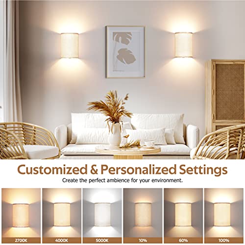 Image of Wall Sconces Set of Two, Battery Operated Wall Sconces 3 Colors Changeable Dimmable Wall Lights Fixtures with Remote Control Fabric Wall Lamp Sconces for Bedroom Living Room Hallway