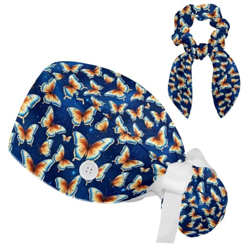 Image of Colored Butterflies Scrub Caps Women Ponytail, Adjustable Bouffant Surgical Caps with Button, Nurse Hats Long Hair