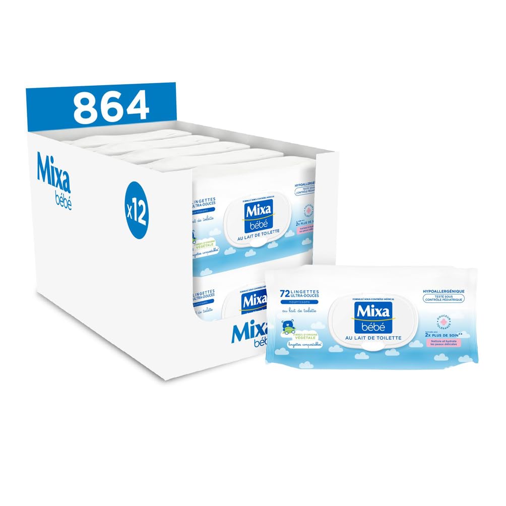 Mixa Bébé Lingettes au Lait de Toilette - Peaux Délicates Nourrissons - À l’Huile d’Amande Douce, Vitamine E et Glycérine - Hypoallergéniques - Lingettes Compostables - Lot de 12 x 72, 864 Lingettes