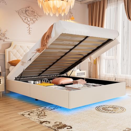 kepptory Queen Size Floating Lift Up Storage Bed Frame Modern Wingback with Adjustable Headboard RGB LED Lights Fast Charging Station & Power Outlet Noise-Free Slats No Box Spring Needed White
