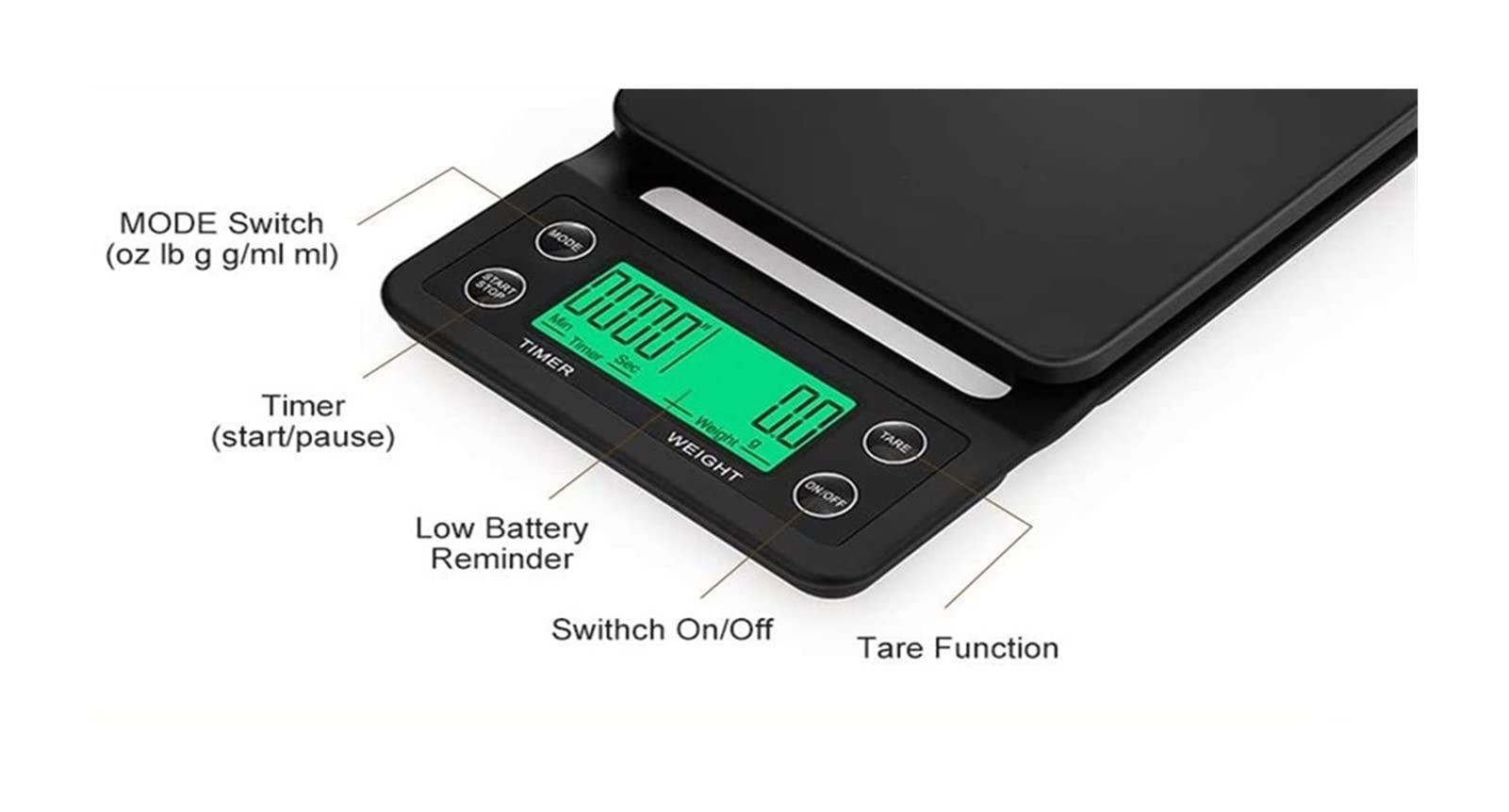 Báscula de cocina para el hogar, báscula de café por goteo con temporizador, báscula electrónica de alta precisión de 0,1 g, báscula de cocina digital LCD, accesorios de cocina (negra, 3 kg, 0,1 g)