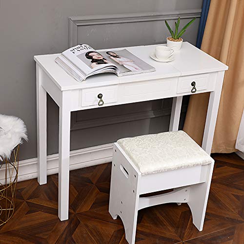 ZDMATHE Vanity Set with Flip Top Mirror Makeup Dressing Table Writing Desk with 2 Drawers Cushioned Stool, Vanity Makeup Table with Removable Organizers (White)