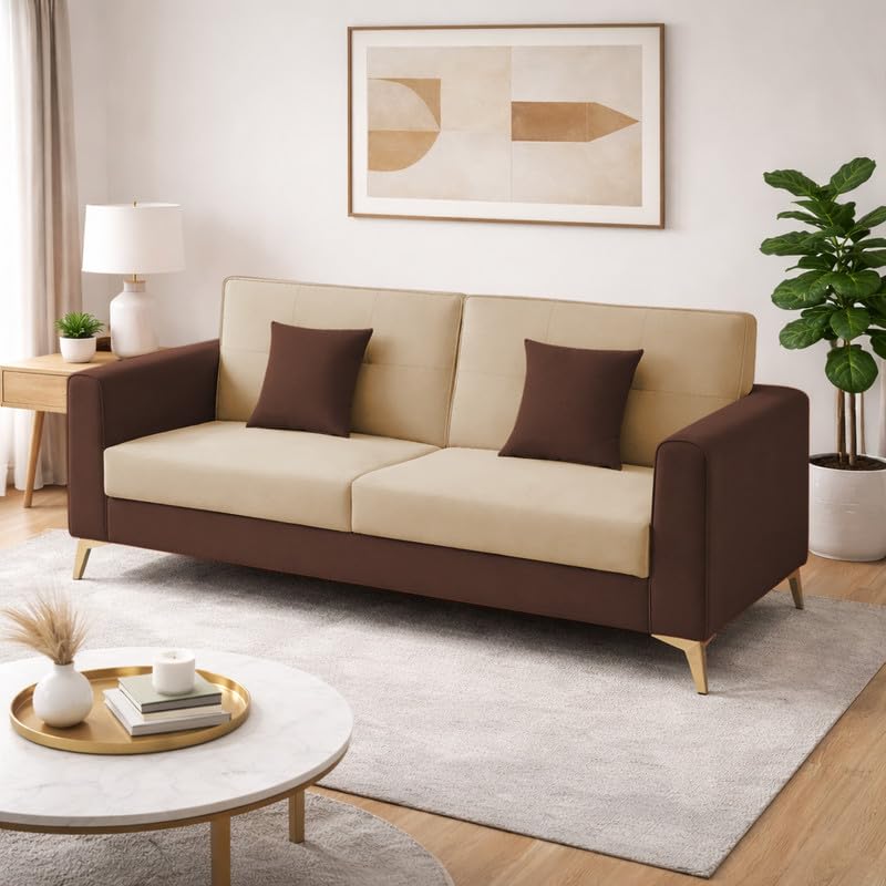 Image of Adorn India Premium Harlem 3 Seater Sofa | Velvet Suede Upholstery | 3-Year Warranty | Brown & Beige with Gold Legs & Cushion