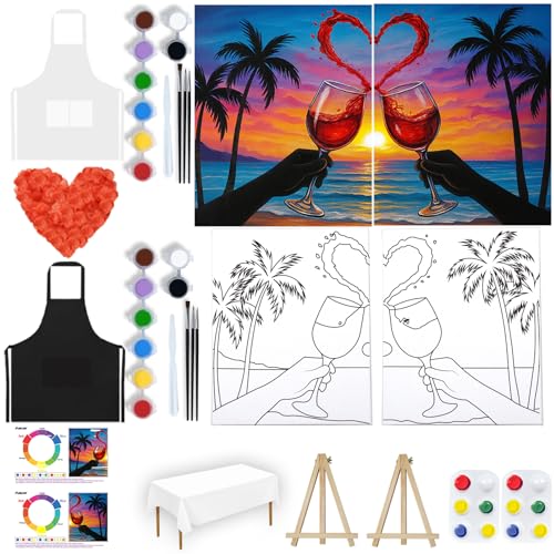 PAILIM 2 Pack Sip and Paint Kit for Adults Couples Painting Kit Pre Drawn Canvas to Paint at Home Date Night Party Favor Supplies Art Painting Set Couples Activity 8x10 Seaside Clink Glasses