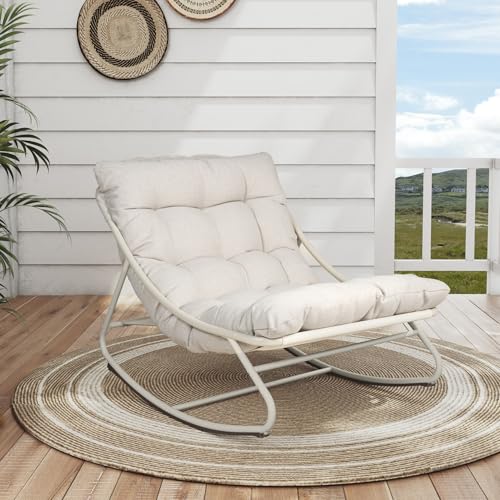 Grand patio Outdoor Rocking Chair, Metal Lounge Rocking Chair with Thick Cushion, Comfy Modern Rocker for Patio Porch Deck Backyard, Beige