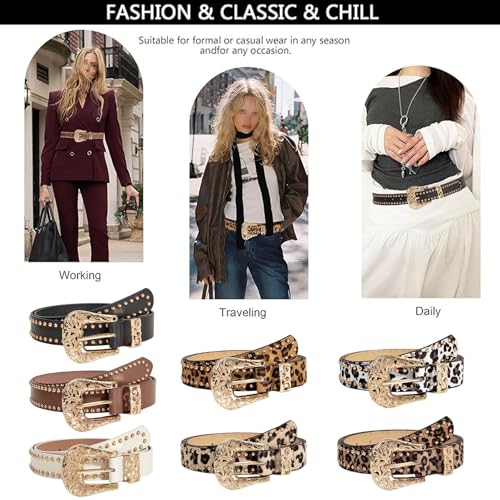 Western Fashion Cowgirl Cowboy Belts, Punk Rock Studded Waist Belt with Buckle, Decorative Faux Leather Waistband 6
